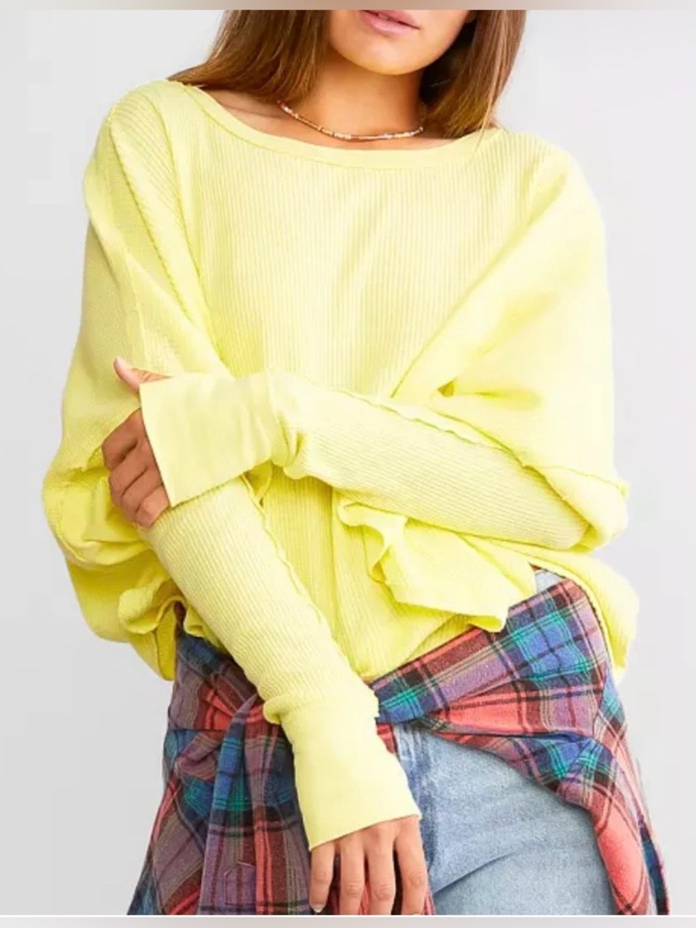 We The Free Pale Yellow thermal Lightweight Crew Sweater S